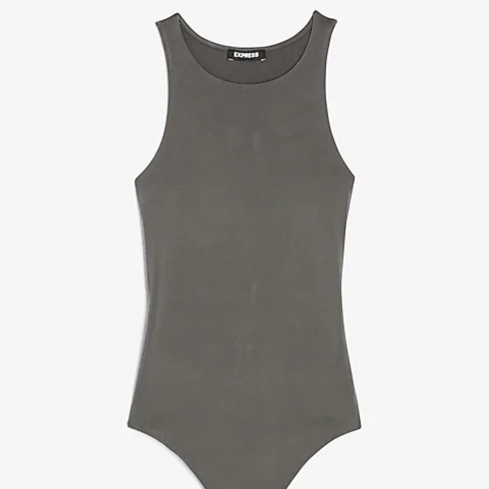 Express Gray Slive Silky High Neck Thong Sleeveless Women's Bodycon Bodysuit - Picture 2 of 10
